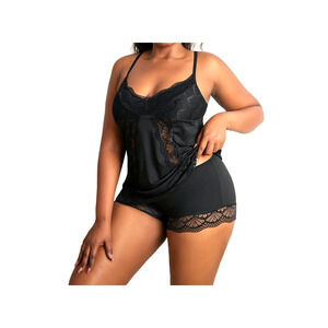 Womens Lace Lingerie Sleepwear Set Pajama  Black Camisole Tank Top Shorts Set 4X